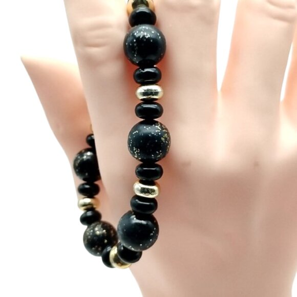 Black Beaded Stretch Bracelet with Gold Accents - Boho Chic Statement Jewelry - Picture 10 of 11